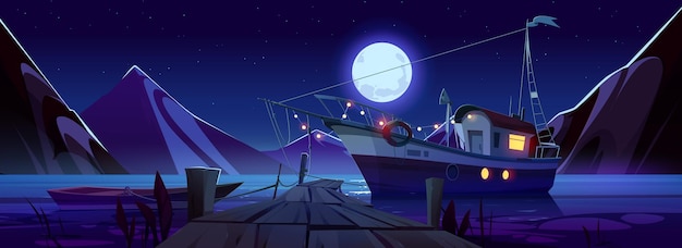 Gratis vector nacht bergmeer met boot afgemeerd aan de pier