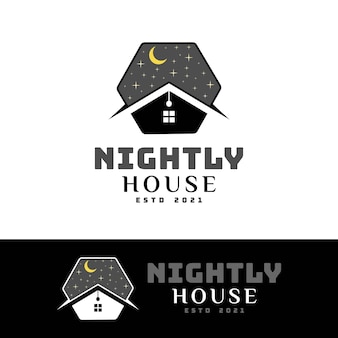 Nacht hexagon huis met maan en sterren logo voor hotel accommodatie huur huis en appartement