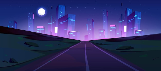 Gratis vector nacht highroad naar futuristisch stads vectorlandschap