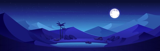 Nacht in zandwoestijn met duinen en oasemeer