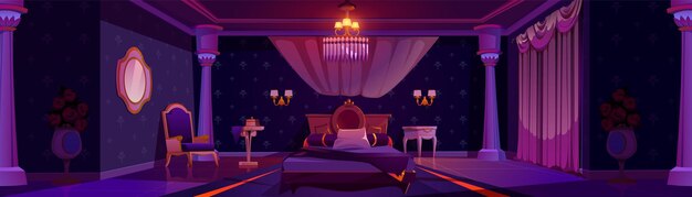 Nacht prinses kasteel slaapkamer interieur achtergrond spiegel gordijn bed stoel en nachtkastje meubels in prachtige slaapkamer cartoon illustratie antieke luxe koninklijke koningin appartement decoratie