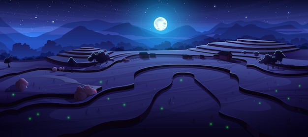 Nacht rijstveld terrassen op Aziatische bergen landschap met padie plantage cascades chinese landbouwboerderij onder donkere sterrenhemel met volle maan en gloeiende vuurvliegjes Cartoon vectorillustratie