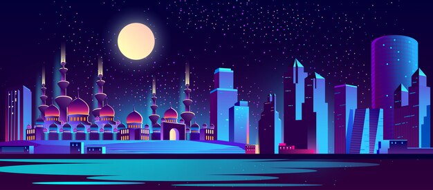 nacht stad achtergrond met islamitische moskee