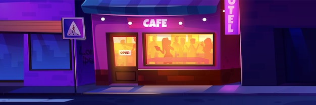 Gratis vector nacht stad straat café gebouw buiten cartoon achtergrond restaurant buitenkant met trottoir en weg met niemand open bord op winkel storefront en raam met mensen silhouet in de avond