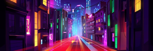 Gratis vector nacht stad straat met verkeerssnelheid effect vector cartoon illustratie van futuristische metaverse stadsdeel verlichte wolkenkrabbers en kleurrijke uithangborden auto lichte sporen van snelle beweging