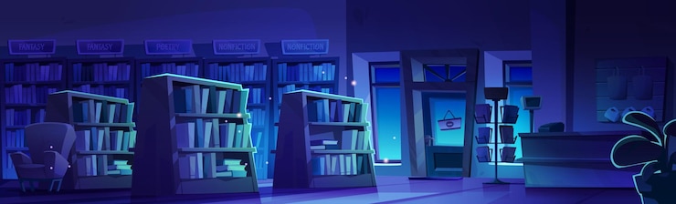 Gratis Vector nachtboekenwinkel interieur met boeken op planken