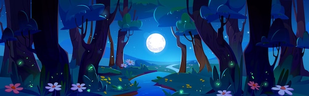 Gratis vector nachtbosrivier met volle maan en vuurvliegjes cartoon natuur landschap achtergrond stroom water landschap in magische vallei met gloeiworm omgeving 's nachts donkere mooie lente bossen achtergrond