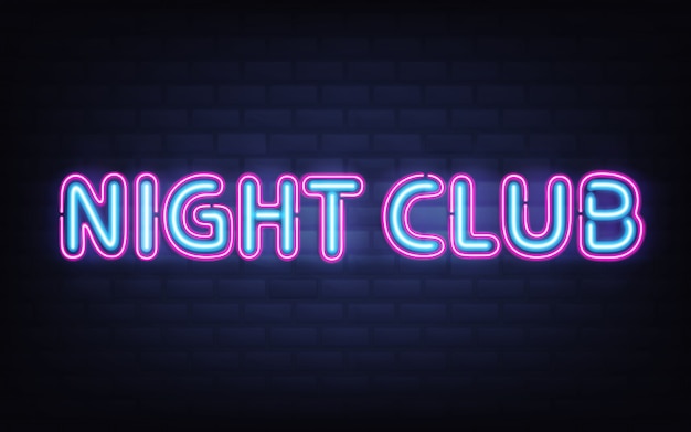 Nachtclub neon belettering op donkere bakstenen muur. Blauw roze glanzend zeer gedetailleerd realistisch gloeiend uithangbord