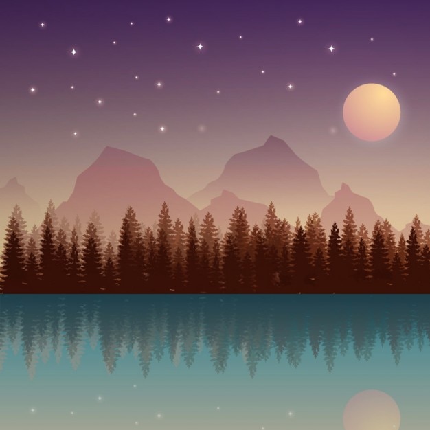 Gratis vector nachtelijke natuur landschap met de maan en de bergen