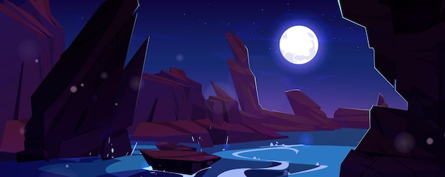 Gratis vector nachtelijke rotsachtige berglandschap met blauwe rivierstroom cartoon vectorillustratie van oude canyon kliffen enorme stenen stroom meer water onder de blauwe hemel met volle maan licht avontuur spel achtergrond