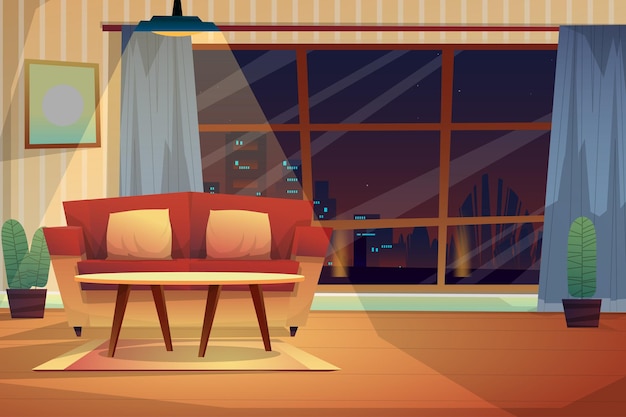 Nachtscène van bank met kussens en salontafel op tapijt onder verlichting van plafond thuis