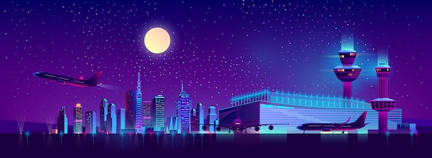 Nachtvluchten van de cartoon van de luchthaven van de stad