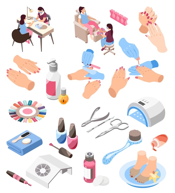 Gratis vector nagelkunstenaars hun klanten en verschillende hulpmiddelen voor manicure pools bestand lamp palet remover 3d isometrische pictogrammen instellen geïsoleerde vectorillustratie