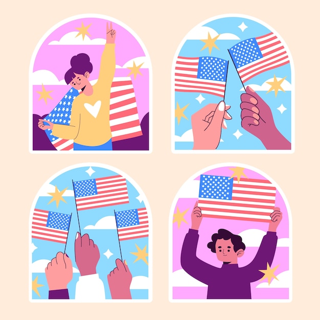 Gratis vector naïeve amerikaanse vlag patriottische stickers