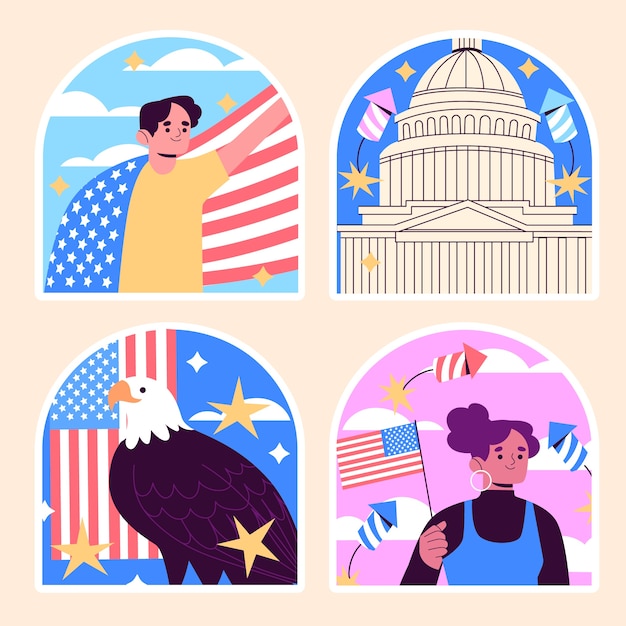 Gratis vector naïeve amerikaanse vlag patriottische stickers