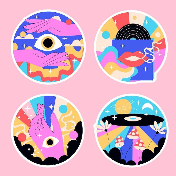 Gratis Vector naïeve psychedelische stickers kleurrijke illustratie
