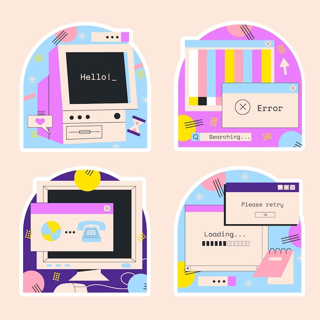 Gratis vector naïeve retro internet- en computerstickers