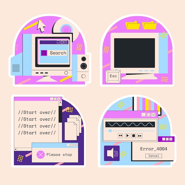 Gratis vector naïeve retro internet- en computerstickers