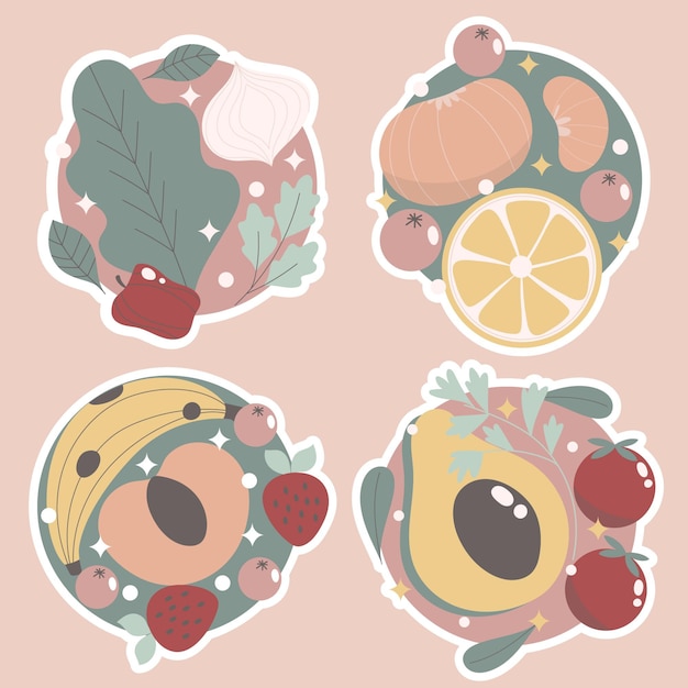 Gratis vector naïeve stickercollectie voor groenten en fruit