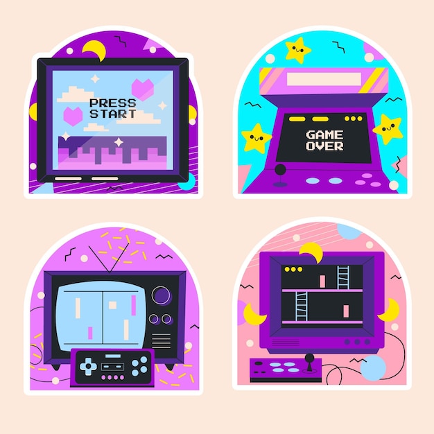 Gratis vector naïeve stickers voor retro-videogames