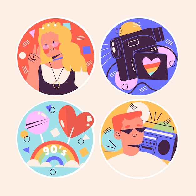 Gratis vector naïeve stickerscollectie uit de jaren 90