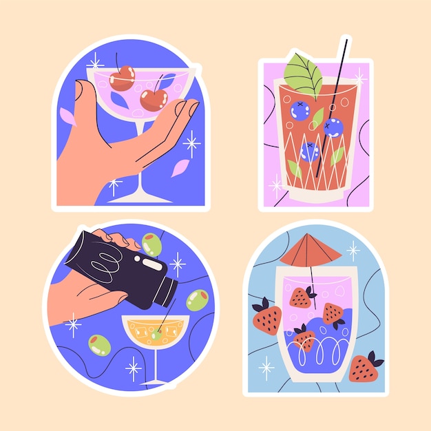 Gratis vector naïeve verzameling cocktailsstickers