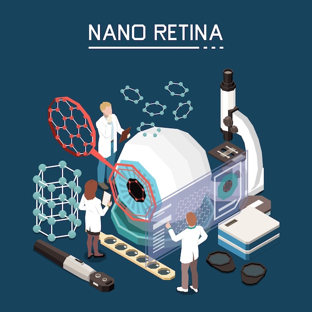 Gratis vector nanotechnologie medisch onderzoek zichtherstel voor slechtzienden met kunstmatige nano-retina isometrische achtergrondsamenstelling