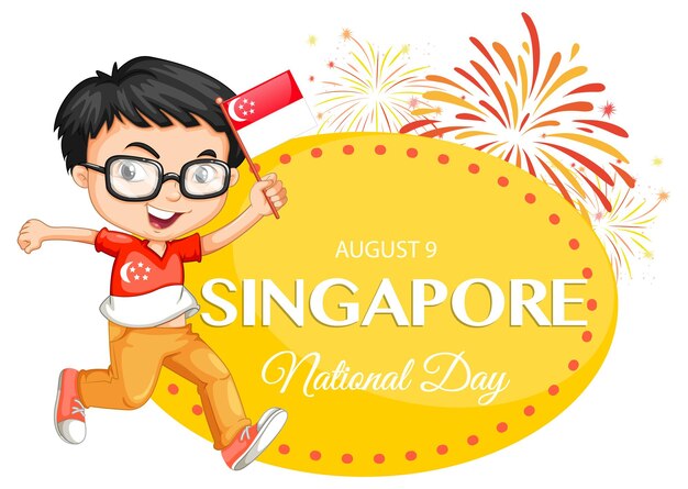 Nationale feestdag van Singapore banner met een jongen houdt de vlag van Singapore vast