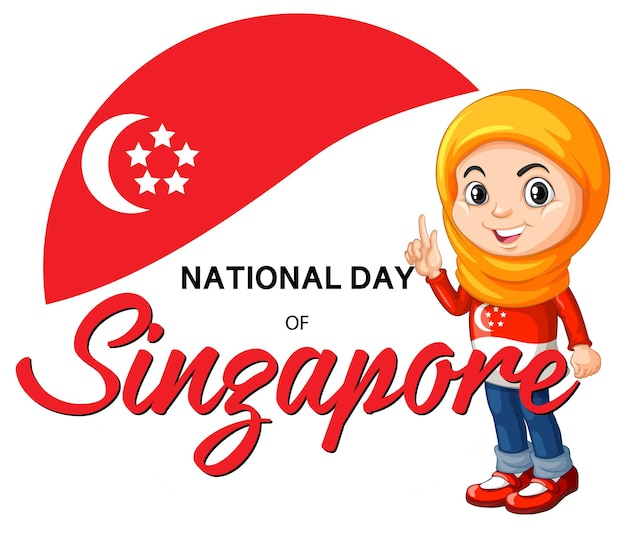 Nationale feestdag van Singapore banner met een moslim meisje stripfiguur