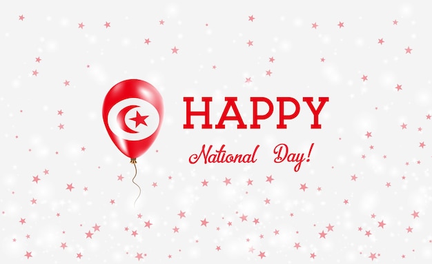 Nationale feestdag van tunesië patriottische poster. vliegende rubberen ballon in de kleuren van de tunesische vlag. tunesië nationale feestdag achtergrond met ballon, confetti, sterren, bokeh en sparkles.