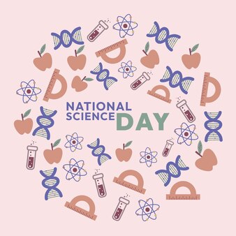 Nationale wetenschapsdag versierd met vectorontwerp van verschillende scheikundeobjecten