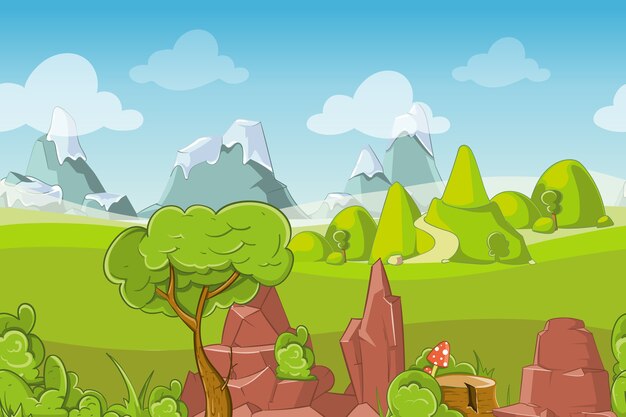 Natuur naadloze vector landschap met heuvels, bomen en bergen. Buiten hemel gras, zomer cartoon weide, seizoen panorama illustratie