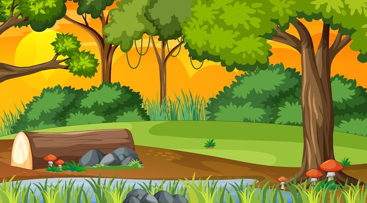 Gratis Vector natuurbos bij zonsondergangtijdscène