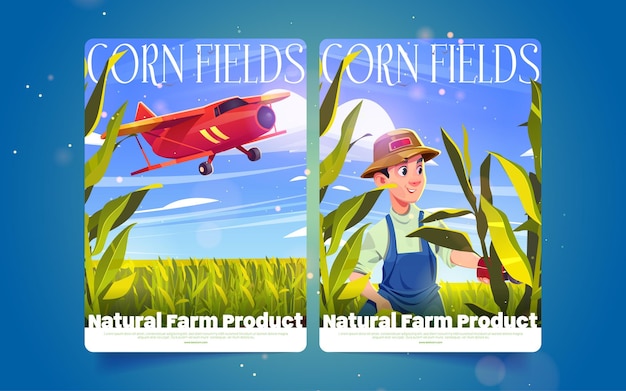 Gratis vector natuurlijke boerderijproducten cartoon posters met boer