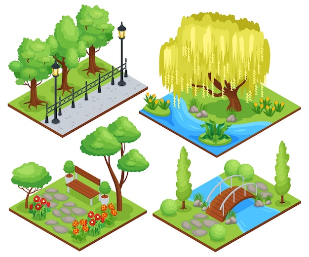 Gratis vector natuurpark beschermd landschap recreatiegebieden concept 4 isometrische composities met treurwilg bloembedden illustratie