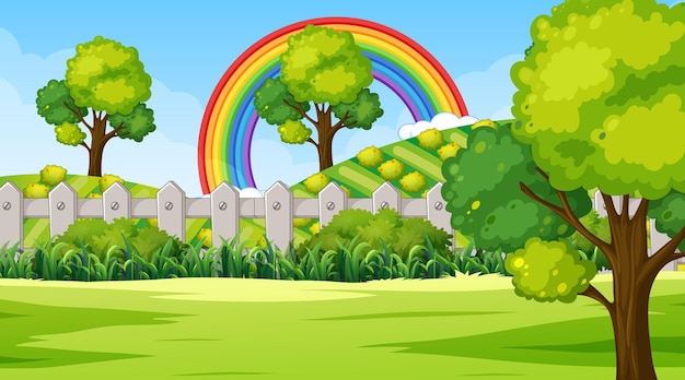 Gratis vector natuurpark scène achtergrond met regenboog in de lucht