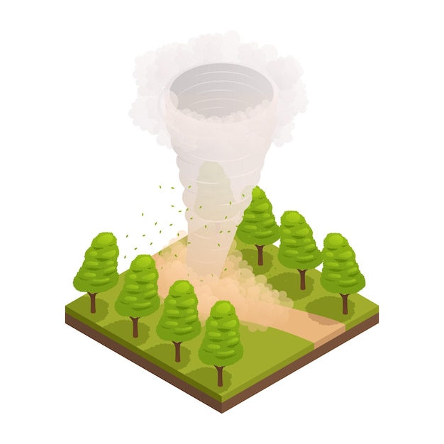 Natuurramp isometrische compositie met bosbomen en trechter van tornado vectorillustratie Premium Vector