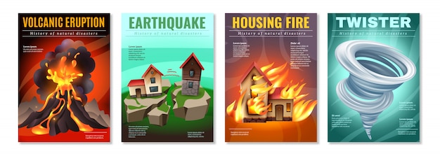 Natuurrampen 4 kleurrijke posters geplaatst met aardbeving huisvesting brand tornado twister vulkanische uitbarsting geïsoleerd