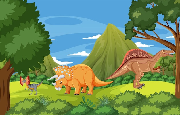 Gratis vector natuurscène met bomen op bergen met dinosaurus