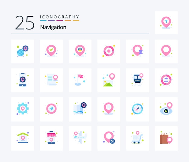 Navigatie 25 Flat Color icon pack inclusief locatie gps gecontroleerde dradenkruiskaart