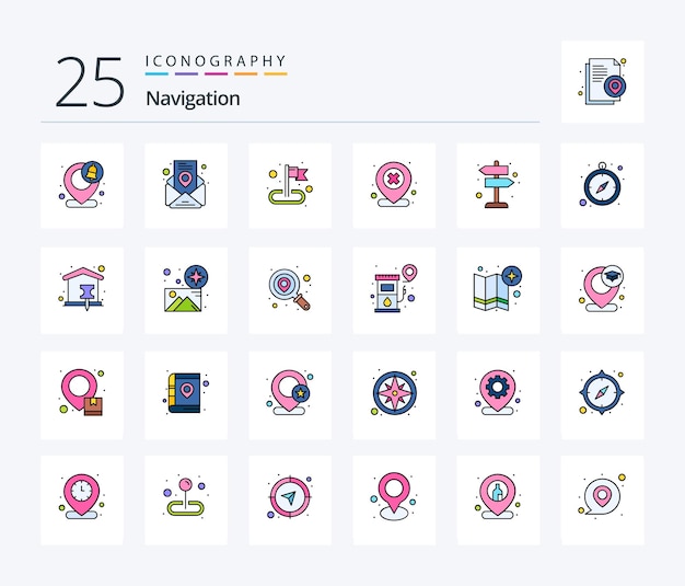 Gratis vector navigatie 25 line filled icon pack inclusief teken cross destination delete map