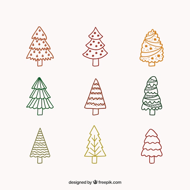 Gratis vector negen hand getrokken kerstbomen