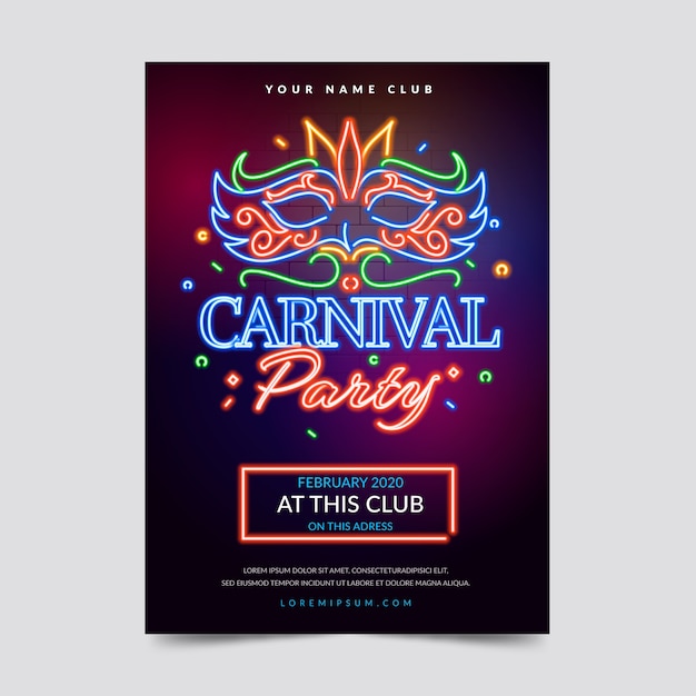Gratis vector neon carnaval partij flyer of posterontwerp