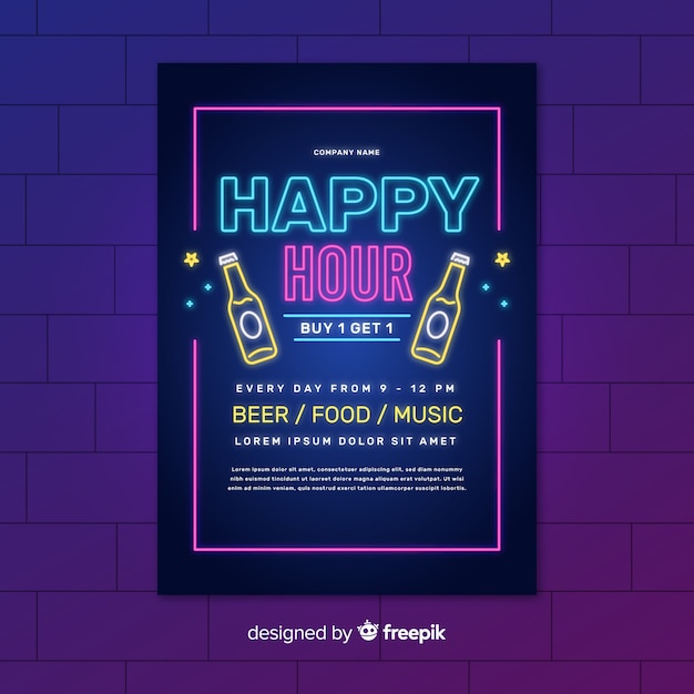Neon happy hour lichten poster met flessen bier