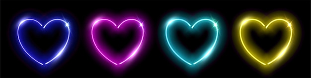 Neon harten liefde symbool van Valentijnsdag vectorillustratie gloeiende objecten instellen van led draden frames met helder blauw paars geel groene lijnen voor nachtclub geïsoleerd op zwarte achtergrond
