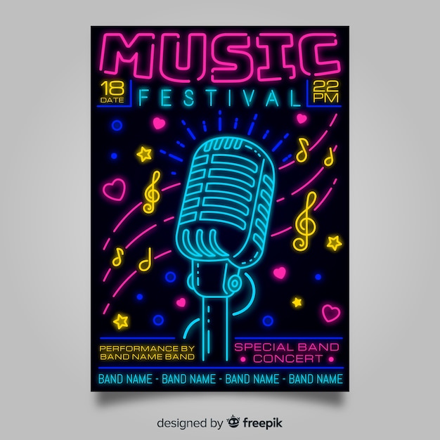 Gratis vector neon lichten muziek festival poster sjabloon