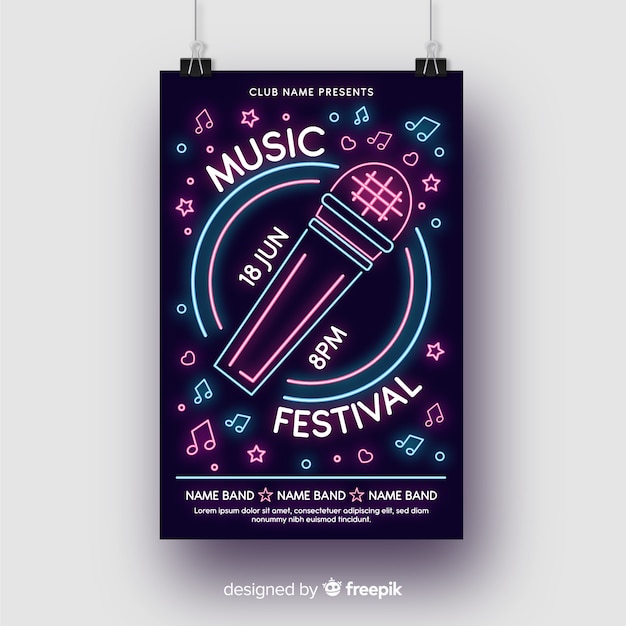 Gratis vector neon lichten muziek poster sjabloon