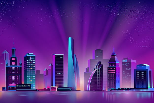 Gratis vector neon megapolis achtergrond met glanzende zon