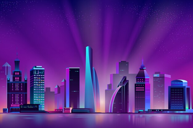 Neon megapolis achtergrond met glanzende zon