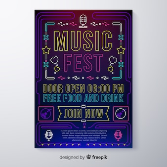Neon muziek festival poster sjabloon
